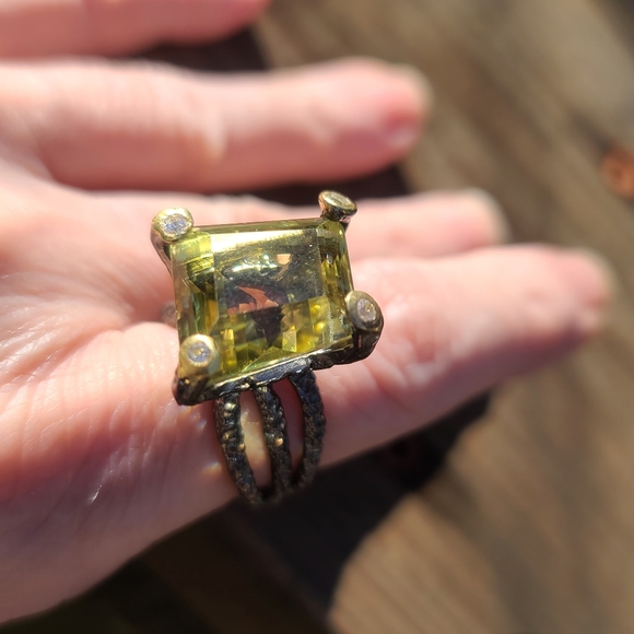 HUGE 16k biased diamond cut Natural Lemon Quarts Sterling & Rhodium ring sz8.5 - Picture 8 of 12